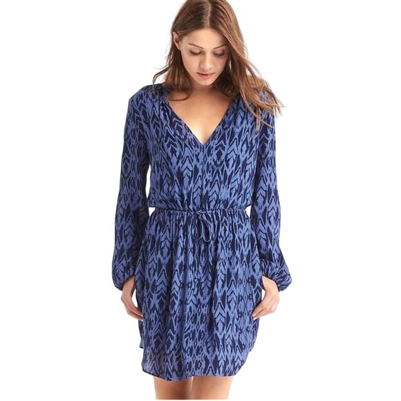 5 for $25| Gap Blue Silky Print Split-Neck Long Sleeve Drawstring Waist Dress - Picture 1 of 7